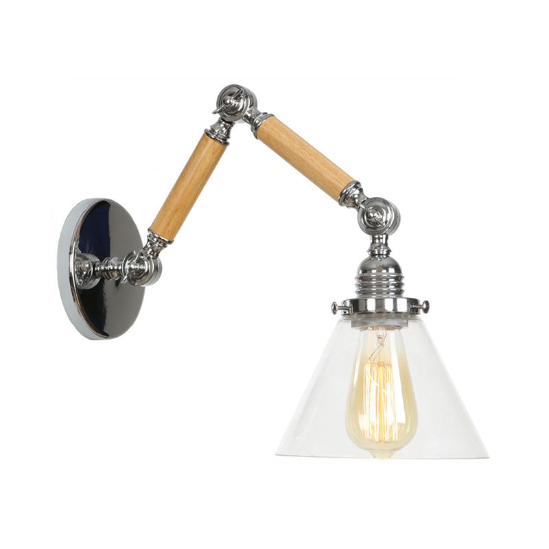 Brown-Silver 1 Bulb Reading Wall Lamp Loft Clear Glass Pear/Saucer/Bell Shade Wall Lighting with Wood 2-Joint Swing Arm