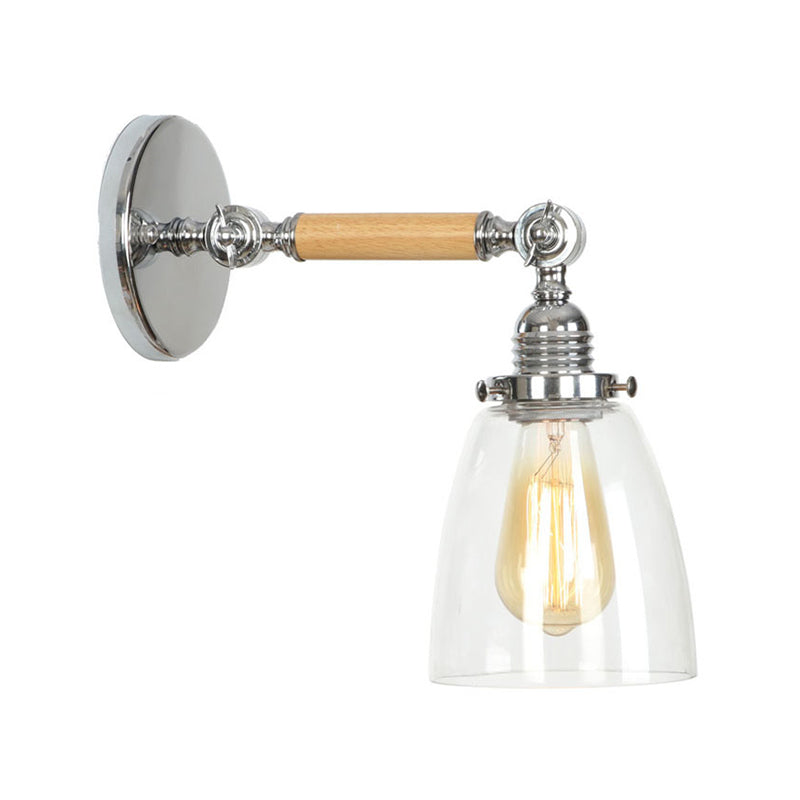 Rustic Bowl/Cone/Bell Wall Light Kit 1-Light Clear Glass Rotatable Wall Mounted Lamp in Chrome and Wood