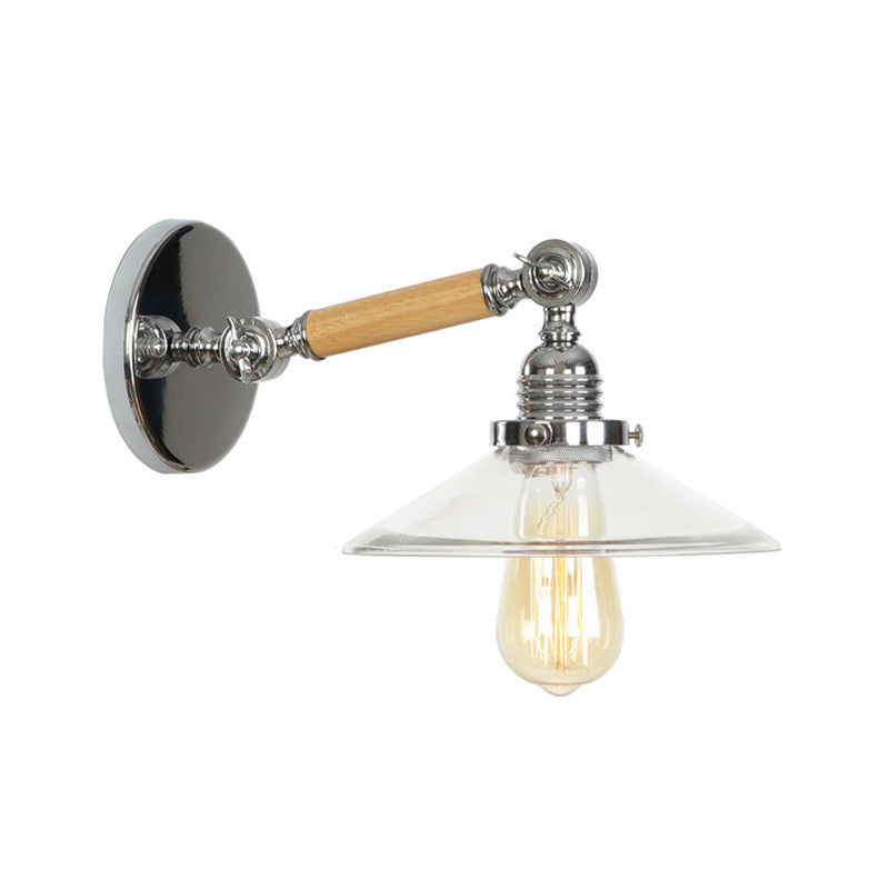 Rustic Bowl/Cone/Bell Wall Light Kit 1-Light Clear Glass Rotatable Wall Mounted Lamp in Chrome and Wood