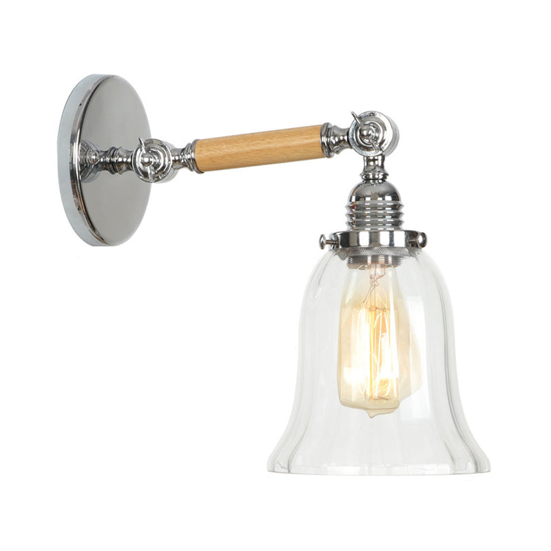 Rustic Bowl/Cone/Bell Wall Light Kit 1-Light Clear Glass Rotatable Wall Mounted Lamp in Chrome and Wood