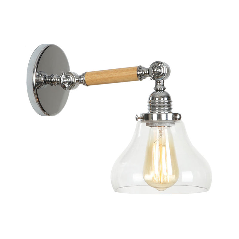 Rustic Bowl/Cone/Bell Wall Light Kit 1-Light Clear Glass Rotatable Wall Mounted Lamp in Chrome and Wood