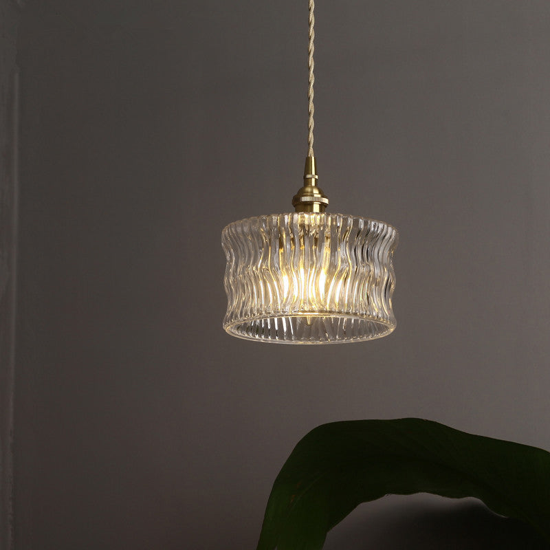 Cylindrical Sitting Room Pendant Lamp Antique Clear Ribbed Glass Single Gold Ceiling Light