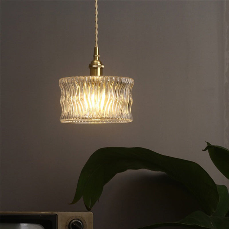 Cylindrical Sitting Room Pendant Lamp Antique Clear Ribbed Glass Single Gold Ceiling Light