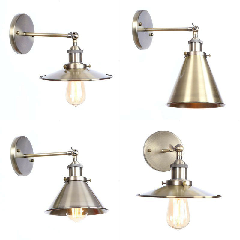 Bronze 1-Light Wall Lamp Industrial Iron Roll-Edge Saucer/Cone/Horn Wall Mount Light Fixture with Rotating Joint