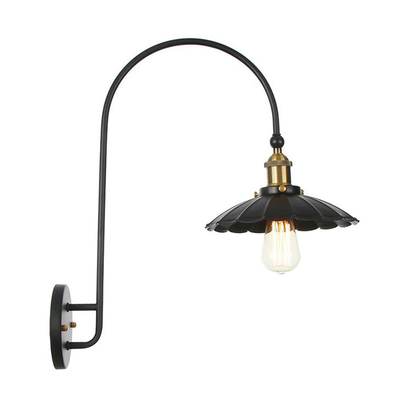 Iron Barn/Bowl/Scalloped Wall Light Kit Vintage 1 Bulb Bedside Reading Wall Lamp with Swooping Arm in Black