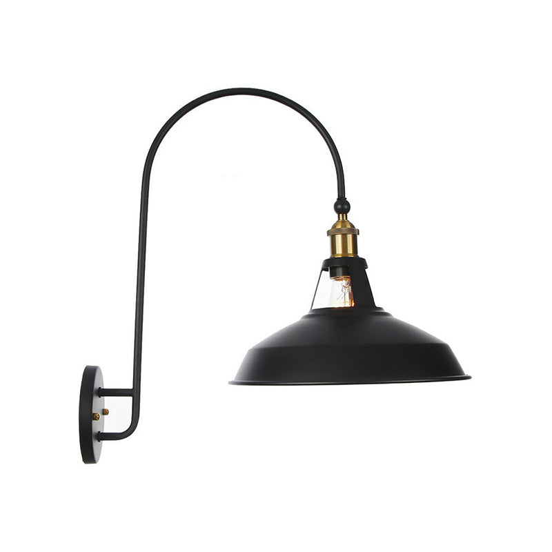 Iron Barn/Bowl/Scalloped Wall Light Kit Vintage 1 Bulb Bedside Reading Wall Lamp with Swooping Arm in Black