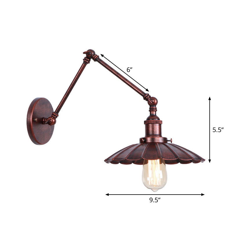 Rust Scalloped/Horn/Cone Wall Sconce Loft 1 Head Workshop Wall Mounted Reading Light with 6"/8" Long Swing Arm