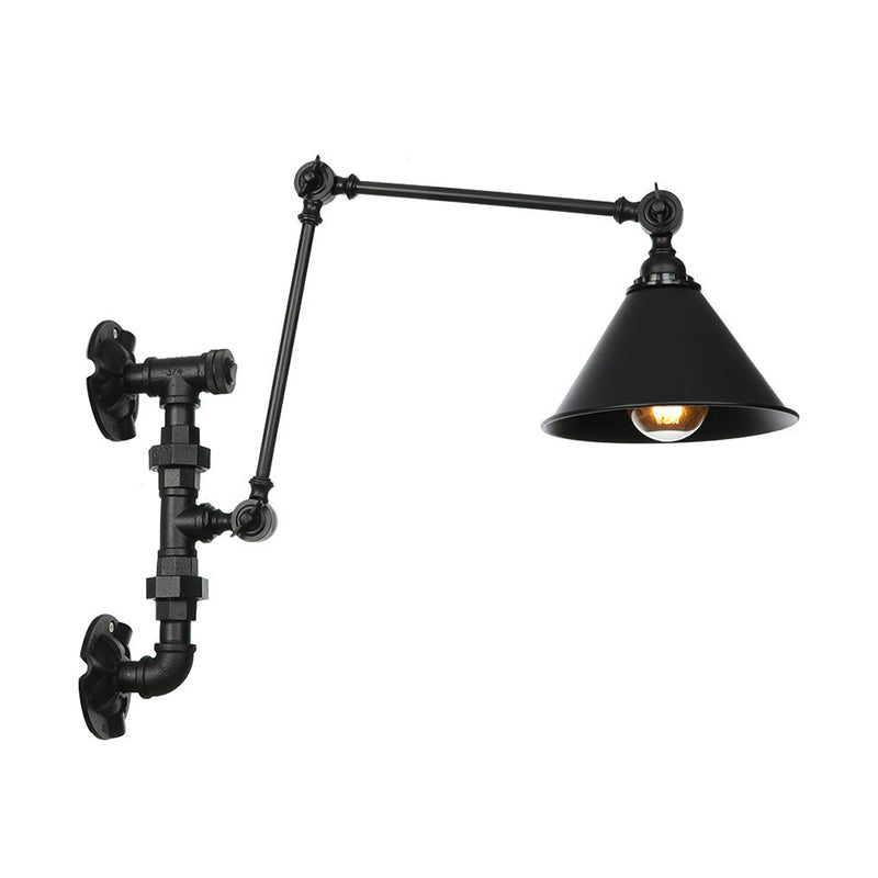 Cone/Flared Living Room Wall Lamp Fixture Industrial Iron 1-Light Black Rotatable Wall Light with Water Pipe Bracket
