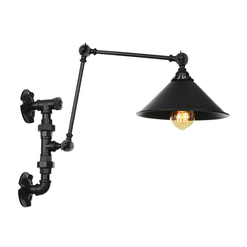 Cone/Flared Living Room Wall Lamp Fixture Industrial Iron 1-Light Black Rotatable Wall Light with Water Pipe Bracket