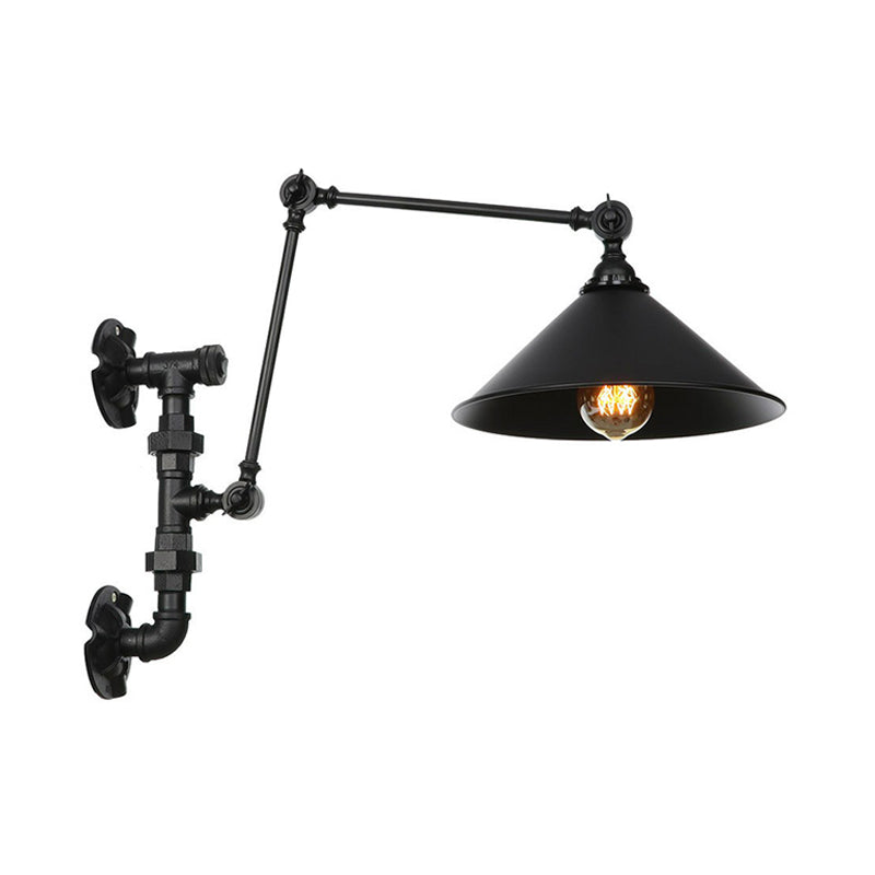 Cone/Flared Living Room Wall Lamp Fixture Industrial Iron 1-Light Black Rotatable Wall Light with Water Pipe Bracket
