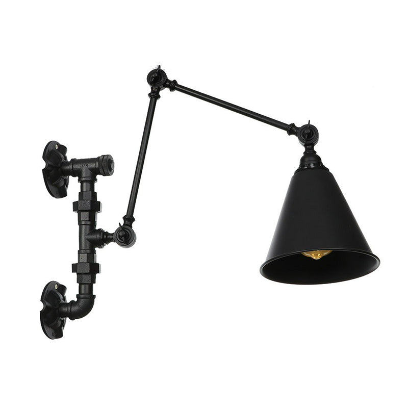 Cone/Flared Living Room Wall Lamp Fixture Industrial Iron 1-Light Black Rotatable Wall Light with Water Pipe Bracket