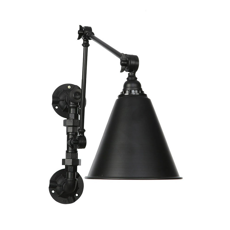 Cone/Flared Living Room Wall Lamp Fixture Industrial Iron 1-Light Black Rotatable Wall Light with Water Pipe Bracket