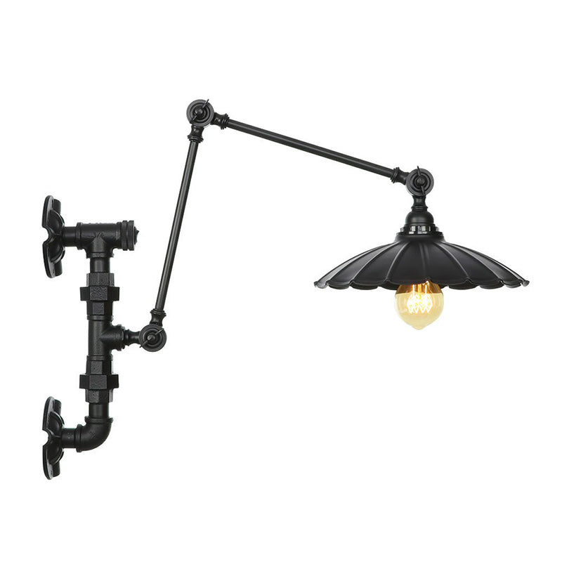 Cone/Flared Living Room Wall Lamp Fixture Industrial Iron 1-Light Black Rotatable Wall Light with Water Pipe Bracket