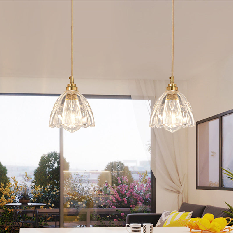 Flower Bud Shade Kitchen Bar Hanging Light Rural Clear Ridged Glass 1 Head Brass Suspension Pendant