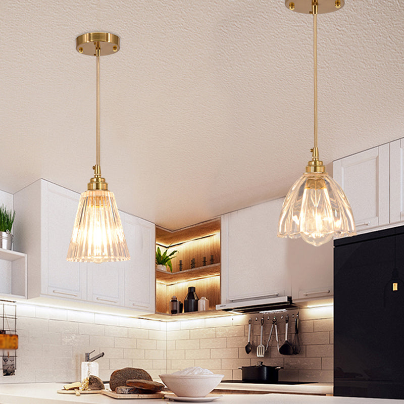 Flower Bud Shade Kitchen Bar Hanging Light Rural Clear Ridged Glass 1 Head Brass Suspension Pendant