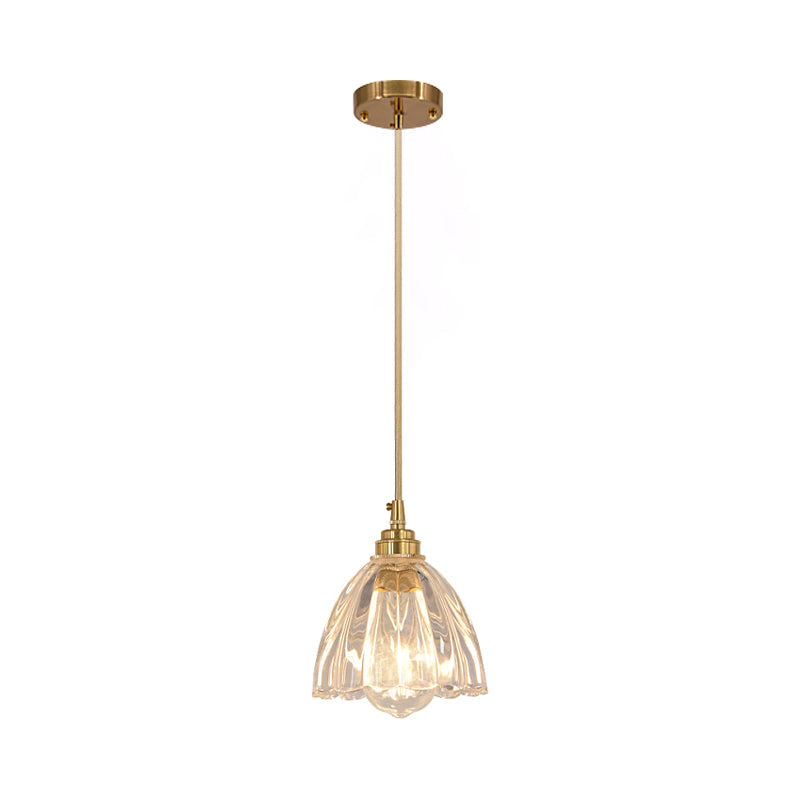 Flower Bud Shade Kitchen Bar Hanging Light Rural Clear Ridged Glass 1 Head Brass Suspension Pendant
