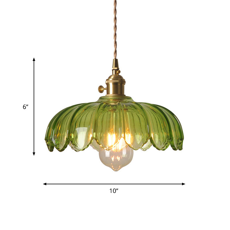 Green Glass Scalloped Shade Pendant Retro 1 Bulb Open Kitchen Hanging Ceiling Light in Brass