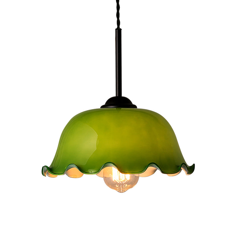 Single Green/White Glass Pendant Lighting Rustic Black Lettuce-Trim Bowl Living Room Ceiling Hang Lamp