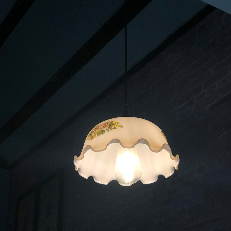 Single Green/White Glass Pendant Lighting Rustic Black Lettuce-Trim Bowl Living Room Ceiling Hang Lamp