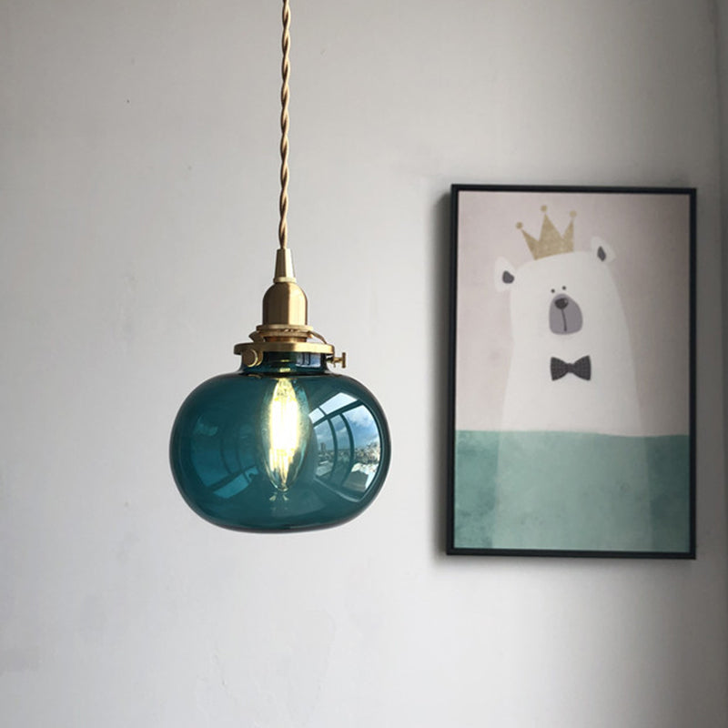 Oval Green/Blackish Green/Clear Glass Drop Pendant Retro 1 Head Dining Table Mini Hanging Light in Brass