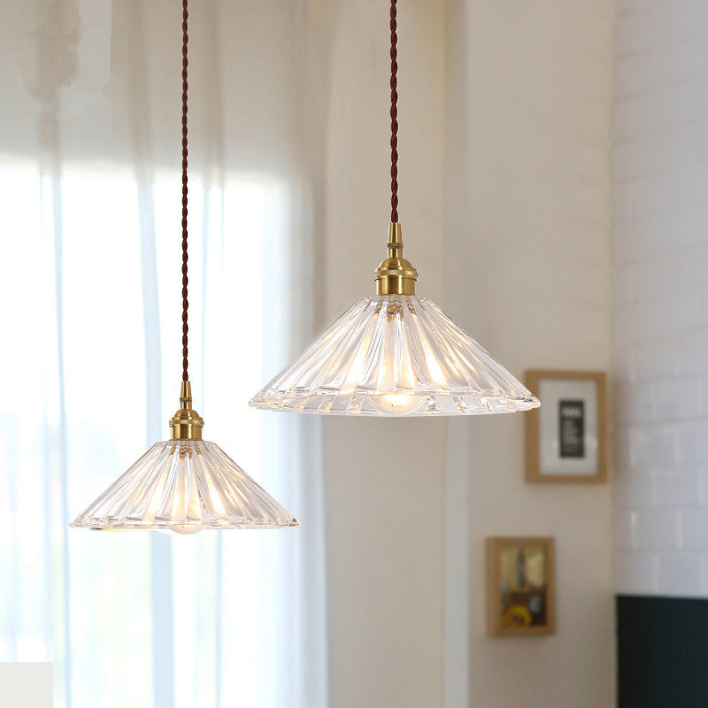 1-Light Ceiling Hang Lamp Antique Dining Room Pendant Light with Conic Clear Ribbed Glass Shade