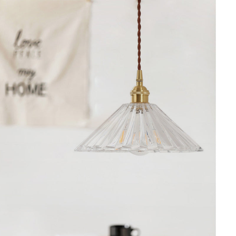 1-Light Ceiling Hang Lamp Antique Dining Room Pendant Light with Conic Clear Ribbed Glass Shade