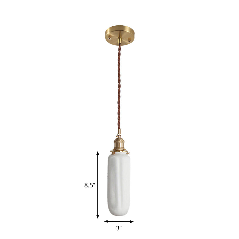 Rustic Ribbed Capsule/Ellipse Drop Pendant Single Bulb Ceramics Ceiling Hang Light in White and Brass
