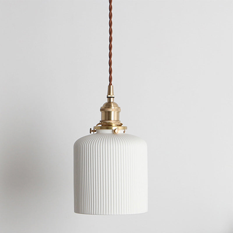 Rustic Ribbed Capsule/Ellipse Drop Pendant Single Bulb Ceramics Ceiling Hang Light in White and Brass