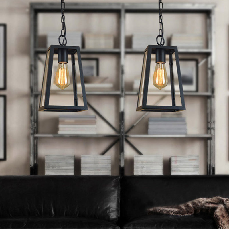 1 Kopfhänger Beleuchtung Industrial Style Wohnzimmer Hanging Lampe mit Trapez -Klarglasschatten in Schwarz