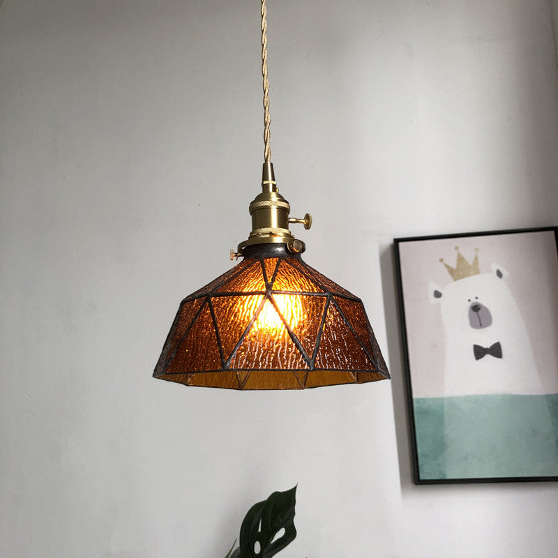 Blauw/helder gestructureerd glazen messing hanger gefacetteerde schuurvormig 1 lichte landelijke stijl hangend plafondlicht