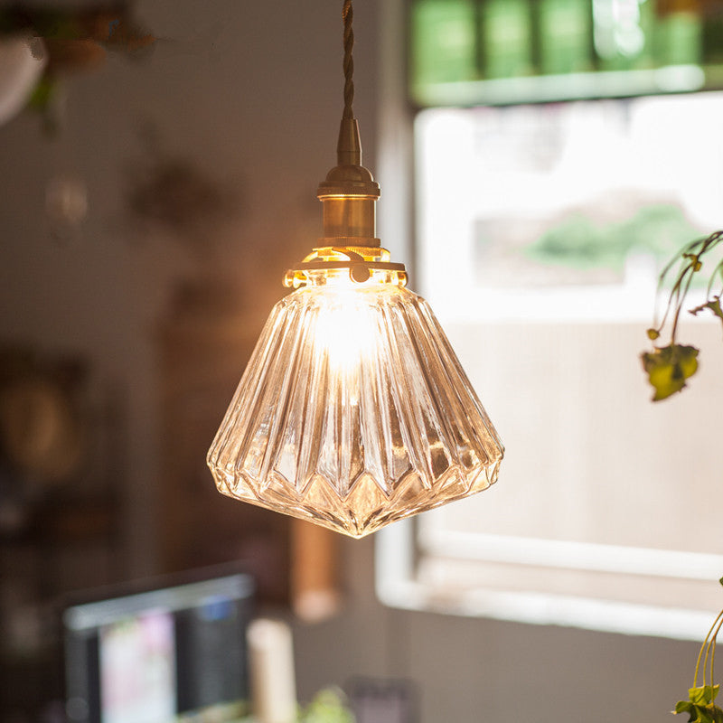 1-Light Ridged Cone Drop Pendant Rustic Brass Brown/Clear Glass Ceiling Hang Lamp with Pointed Bottom