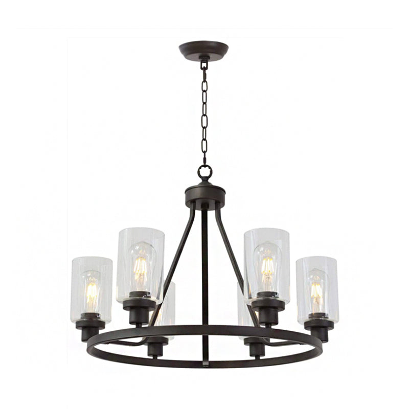 6-Light Wagon Wheel Chandelier Pendant Rustic Black Iron Ceiling Hang Light with Cylinder Clear Glass Shade