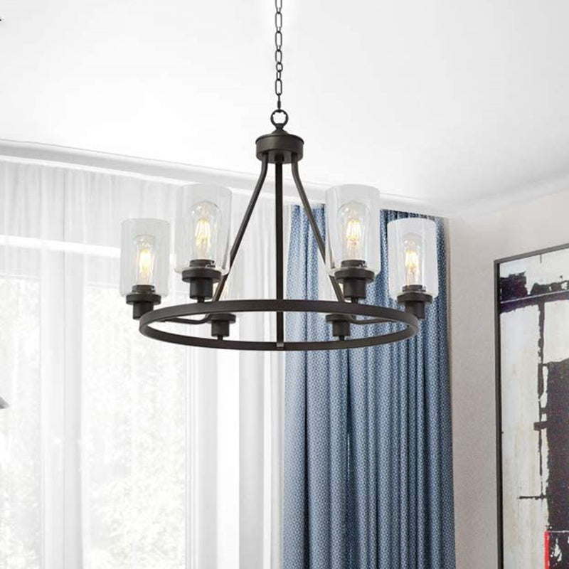6-Light Wagon Wheel Chandelier Pendant Rustic Black Iron Ceiling Hang Light with Cylinder Clear Glass Shade