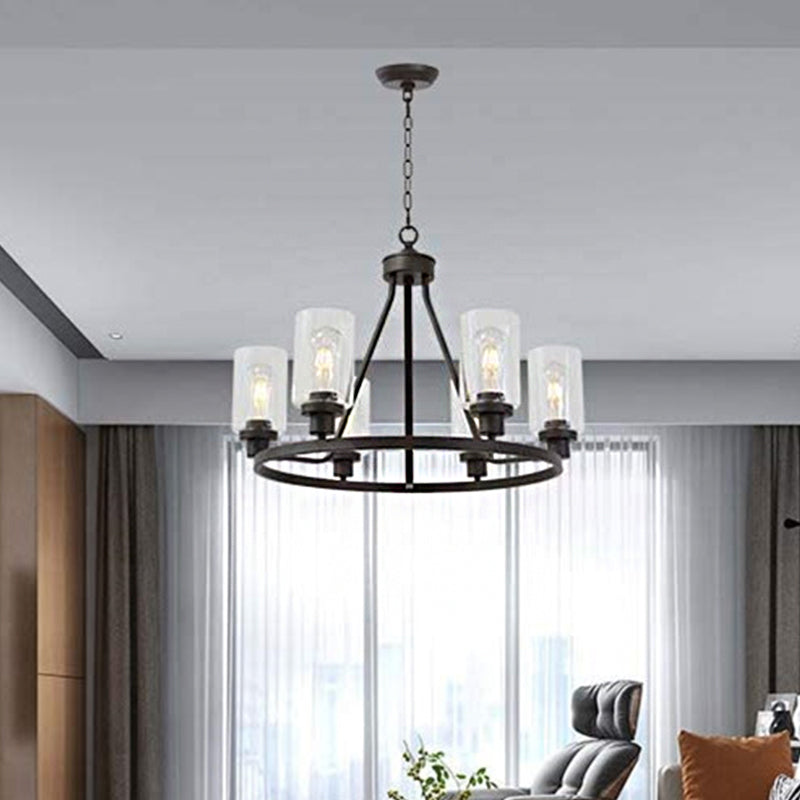 6-licht wagenwiel kroonluchter hanger Rustiek zwart ijzeren plafond hang licht met cilinder heldere glazen schaduw