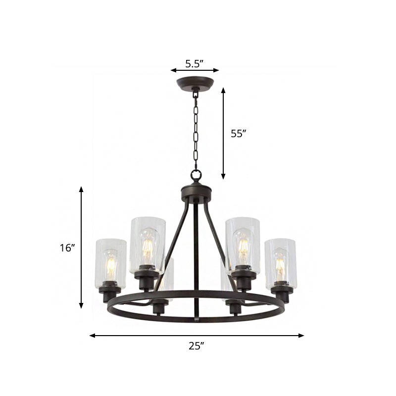 Costilla de la rueda del vagón de 6 luces Costilla de hierro negro rústico Cuelgador de techo de colgar con tono de vidrio transparente de cilindro