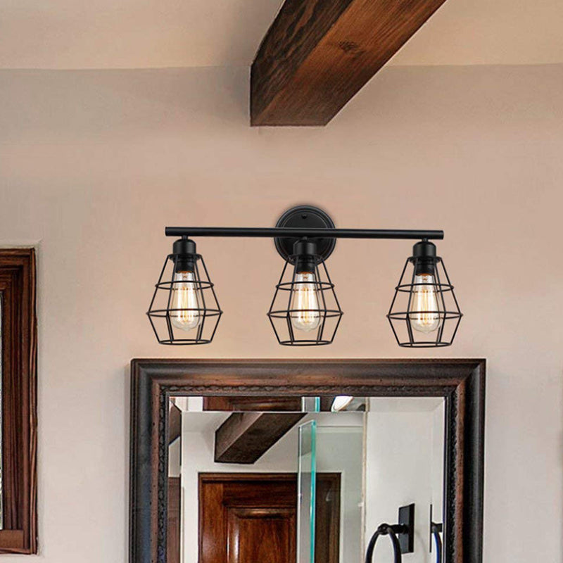 3-Head Vanity Light Industrial Linear Iron Wall Mounted Lamp with Diamond Cage/Cylinder Clear Glass in Black