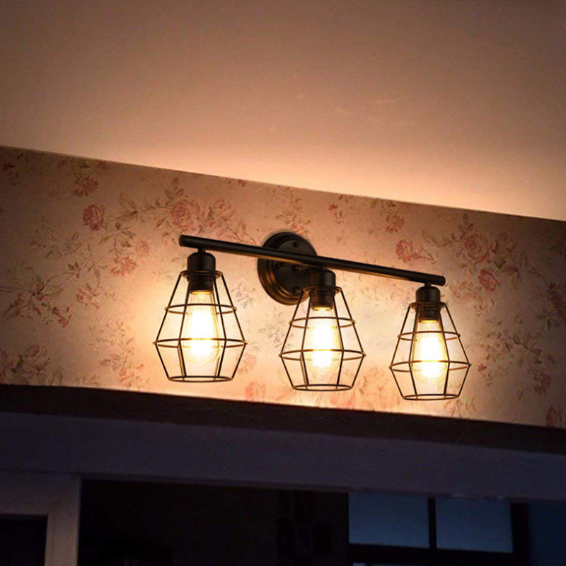3-Head Vanity Light Industrial Linear Iron Wall Mounted Lamp with Diamond Cage/Cylinder Clear Glass in Black