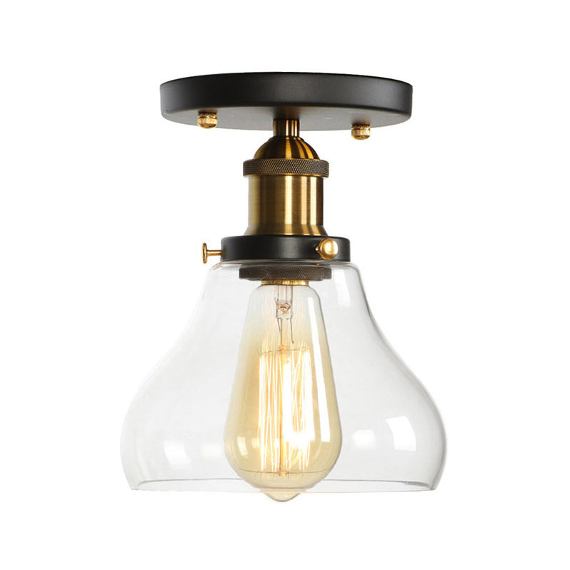 Globe/Pear Mini Corridor Semi Flush Light Farmhouse Clear/Clear Ribbed Glass 1 Head Black and Brass Ceiling Lamp
