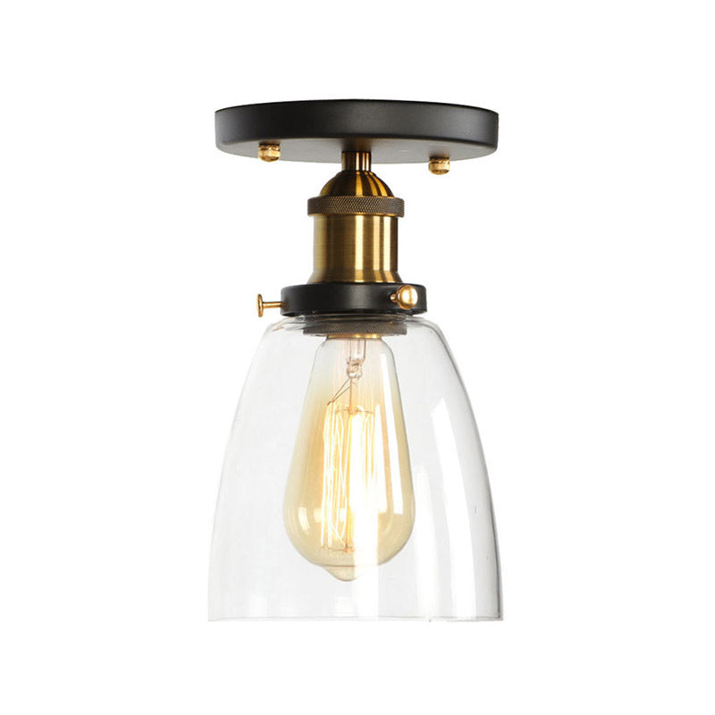 Globe/Pear Mini Corridor Semi Flush Light Farmhouse Clear/Clear Ribbed Glass 1 Head Black and Brass Ceiling Lamp