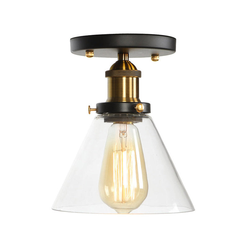 Globe/Pear Mini Corridor Semi Flush Light Farmhouse Clear/Clear Ribbed Glass 1 Head Black and Brass Ceiling Lamp