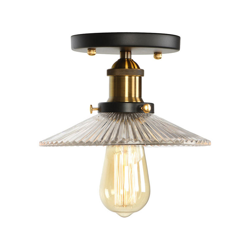 Globe/Pear Mini Corridor Semi Flush Light Farmhouse Clear/Clear Ribbed Glass 1 Head Black and Brass Ceiling Lamp