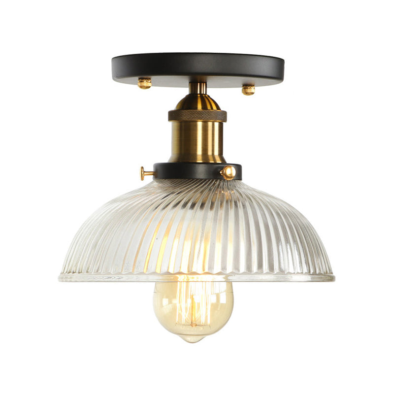 Globe/Pear Mini Corridor Semi Flush Light Farmhouse Clear/Clear Ribbed Glass 1 Head Black and Brass Ceiling Lamp