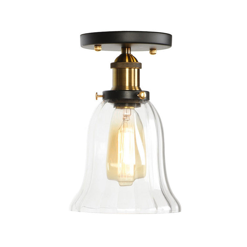 Globe/Pear Mini Corridor Semi Flush Light Farmhouse Clear/Clear Ribbed Glass 1 Head Black and Brass Ceiling Lamp