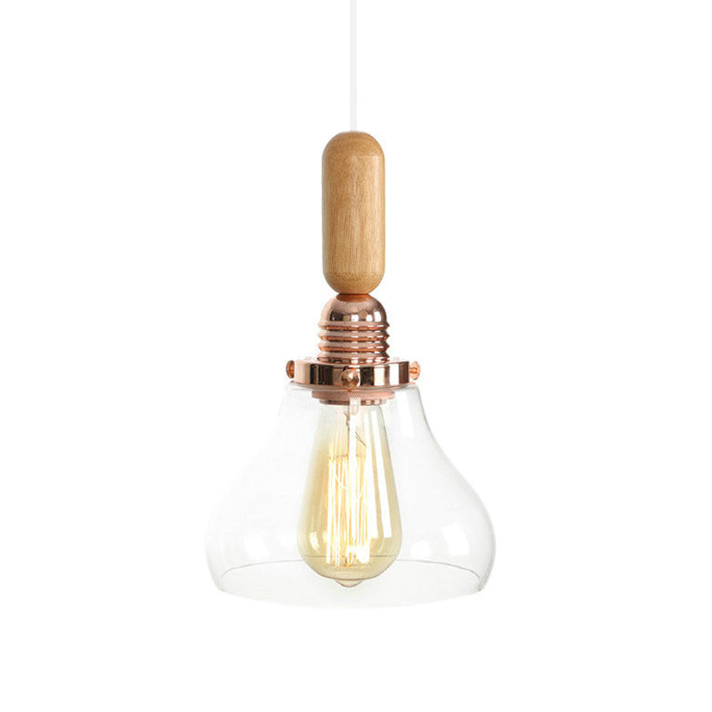 1-Light Saucer/Bell Shade Hanging Lamp Rustic Rose Gold Clear/Clear Ribbed Glass Ceiling Pendant with Wood Handle