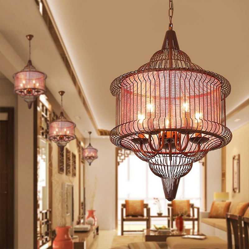 5-Bulb Larger Cage Lantern Pendant Farmhouse Black/Red/White Metal Suspension Lighting Fixture over Dining Table