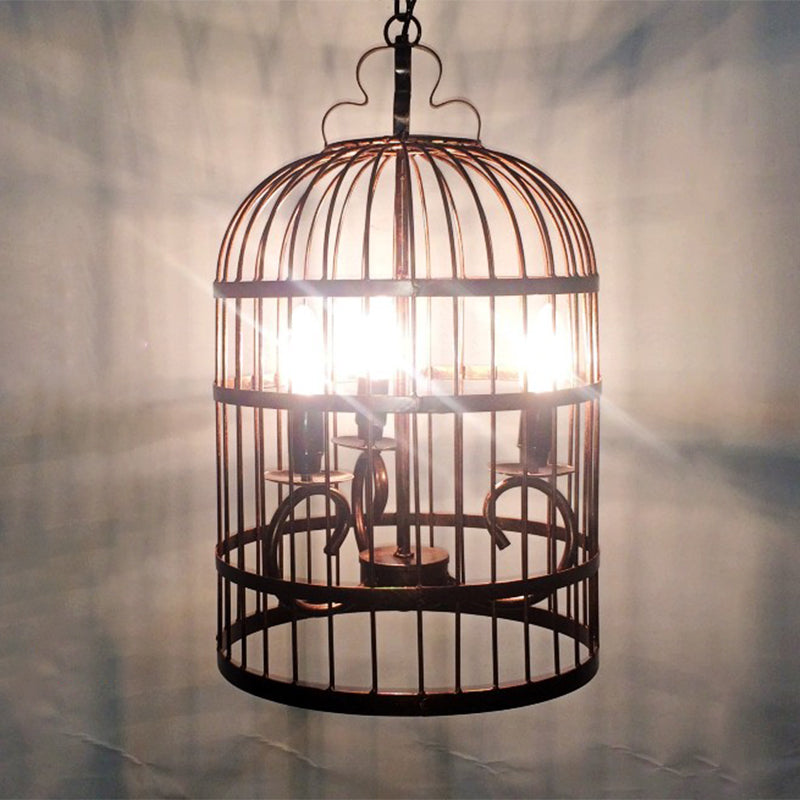 Metal Elongated Bird Cage Pendant Light Rural 3-Head Indoor Chandelier Lighting Fixture in Black