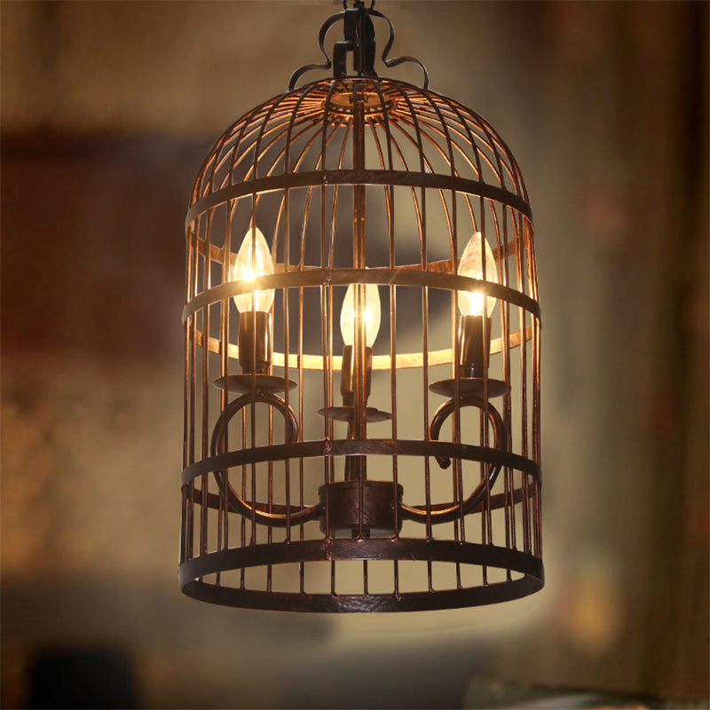Metal Elongated Bird Cage Pendant Light Rural 3-Head Indoor Chandelier Lighting Fixture in Black