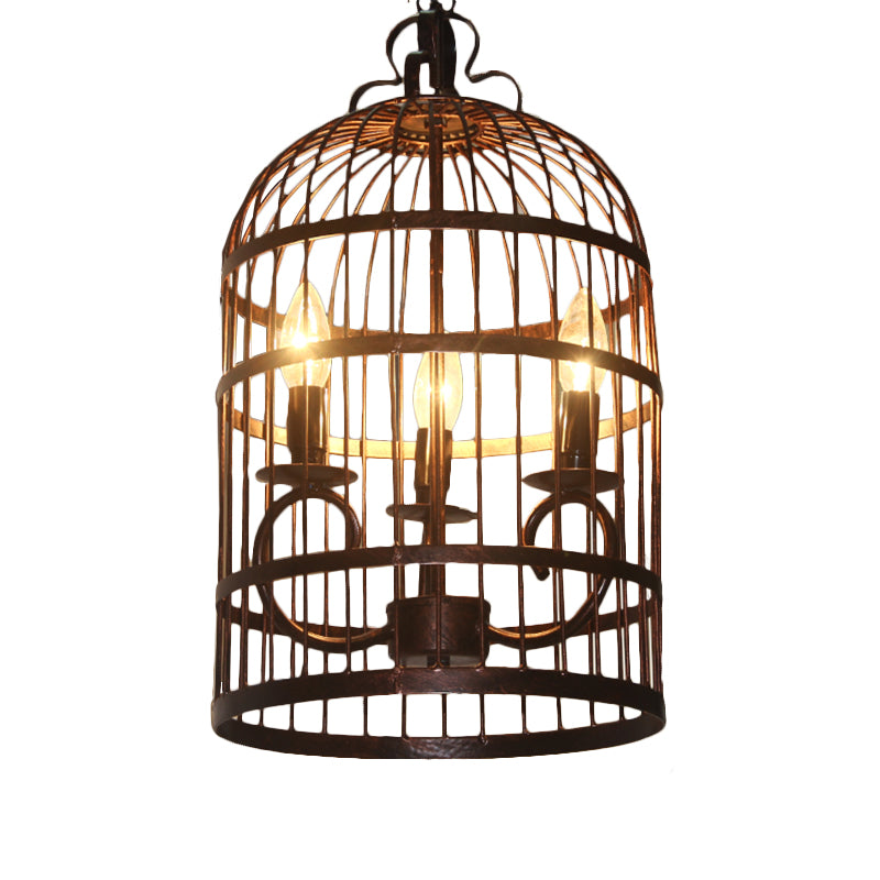 Metal Elongated Bird Cage Pendant Light Rural 3-Head Indoor Chandelier Lighting Fixture in Black