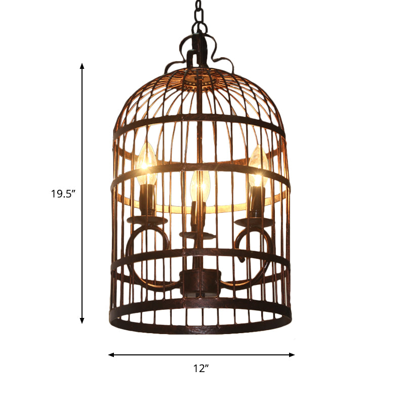 Metal Elongated Bird Cage Pendant Light Rural 3-Head Indoor Chandelier Lighting Fixture in Black