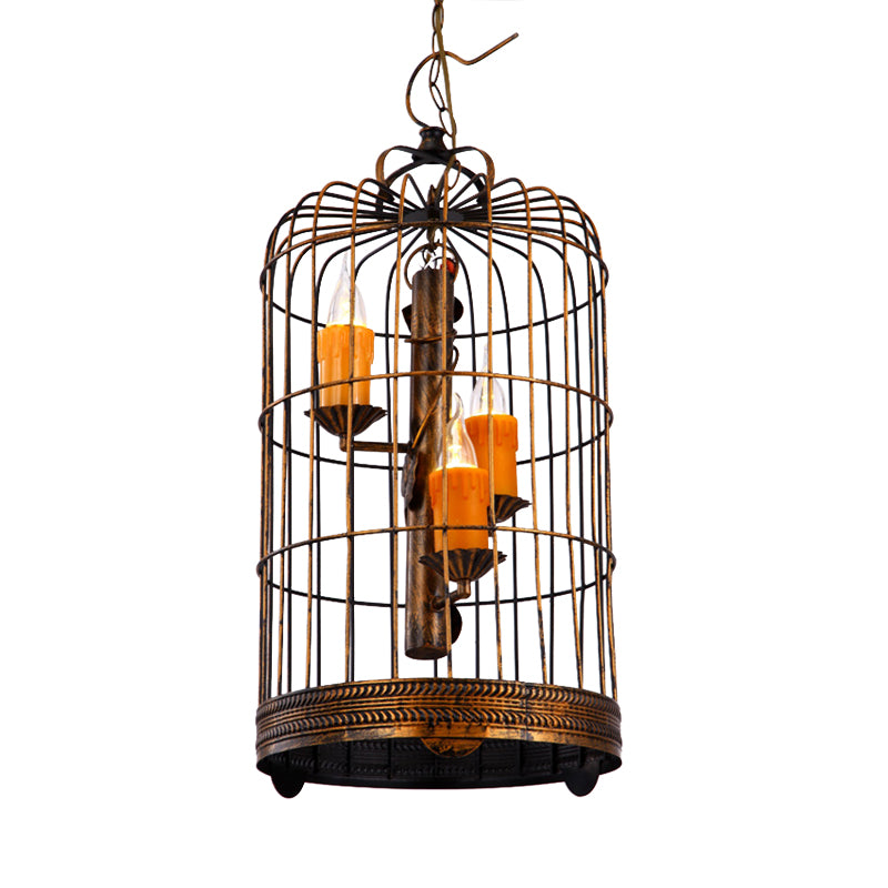 Resin Amber Drop Pendant Candle 3 Bulbs Countryside Chandelier Lamp with Antique Brass Long Bird Cage